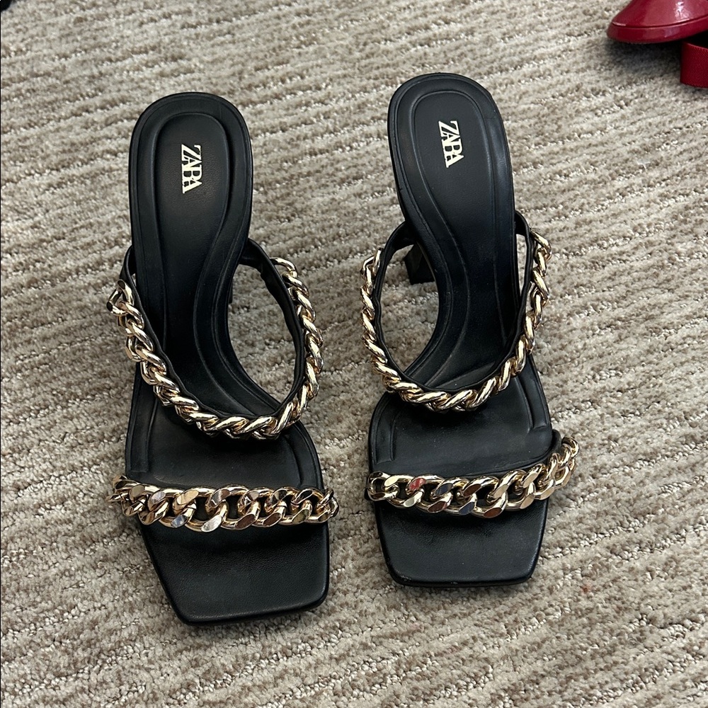 Zara Black Square-Toe Heeled Sandals with Gold Chain Detail